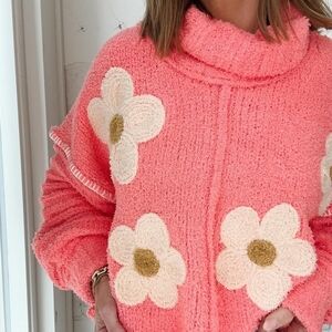 POL Coral Floral Cowl Neck Sweater